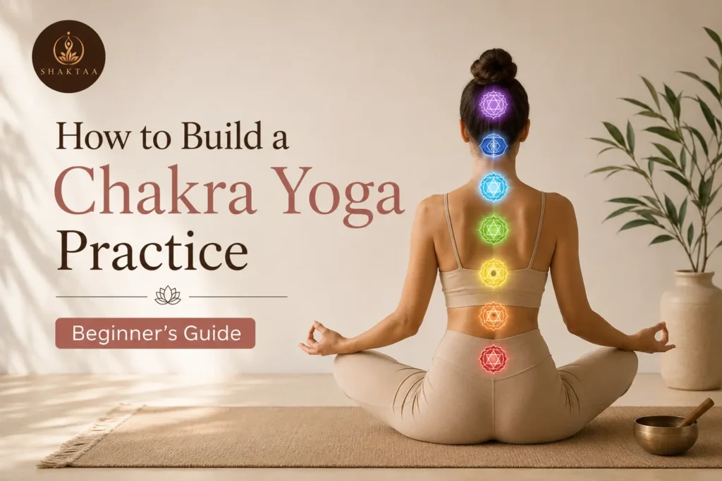 Chakra Yoga Practice with seven glowing chakras during meditation