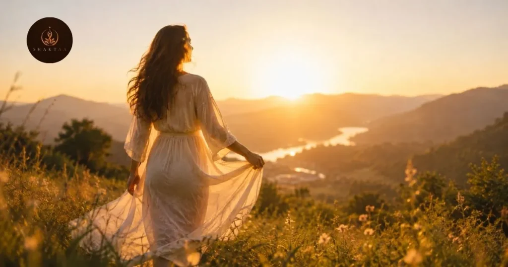 Woman in a flowing dress reconnecting with the divine feminine in a peaceful mountain landscape