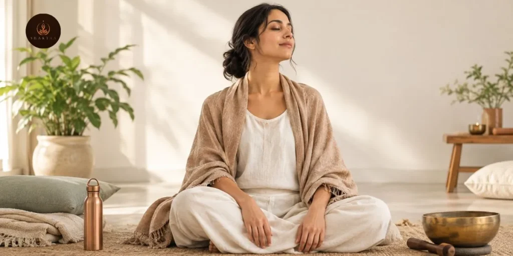 Woman wearing loose, breathable clothing and a light shawl for a comfortable sound healing session