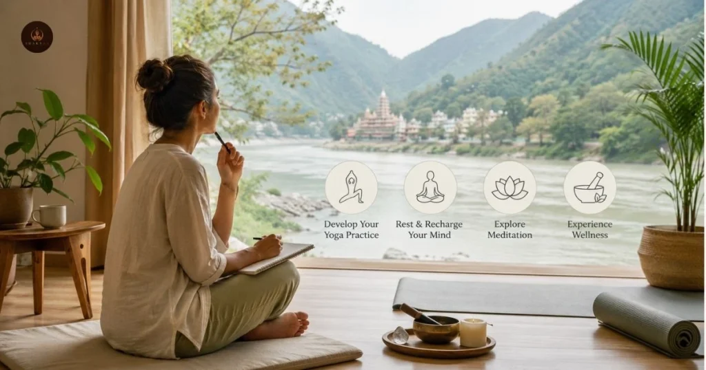 Woman reflecting during a peaceful yoga retreat by the Ganga in Rishikesh