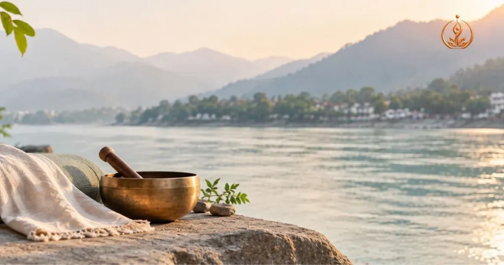 Yoga retreat setting by the Ganga in Rishikesh with Himalayan mountains