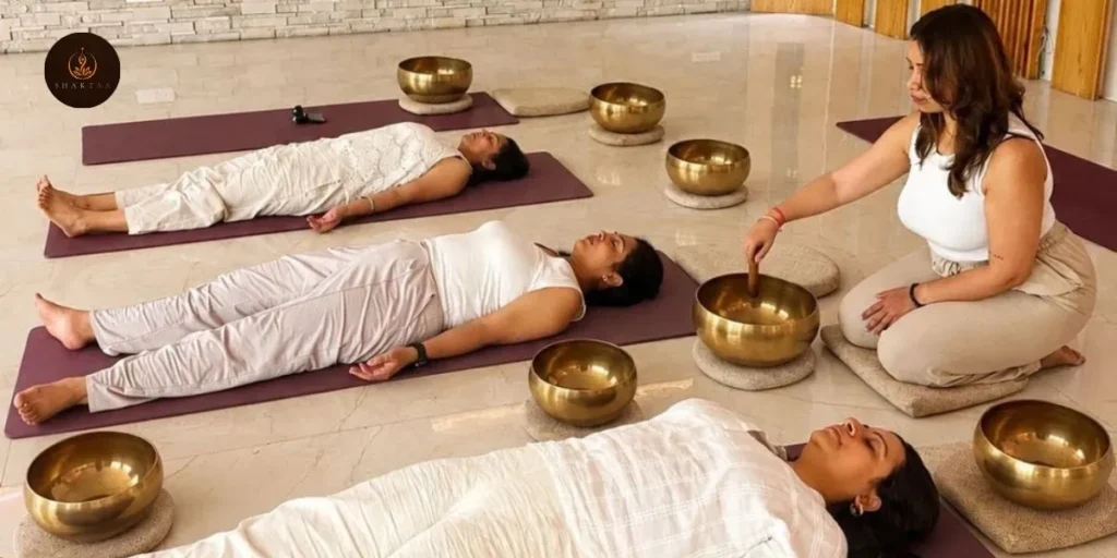 Women relaxing during a sound healing session with Himalayan singing bowls in Rishikesh