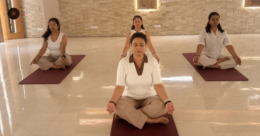Women practising meditation together during a yoga retreat in Rishikesh