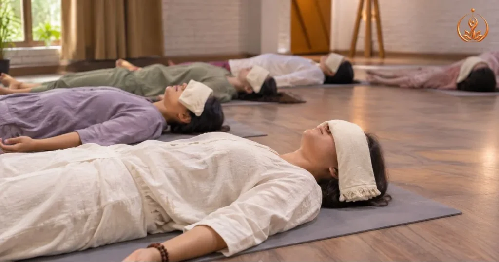 Women practicing Savasana meditation during a peaceful yoga relaxation session