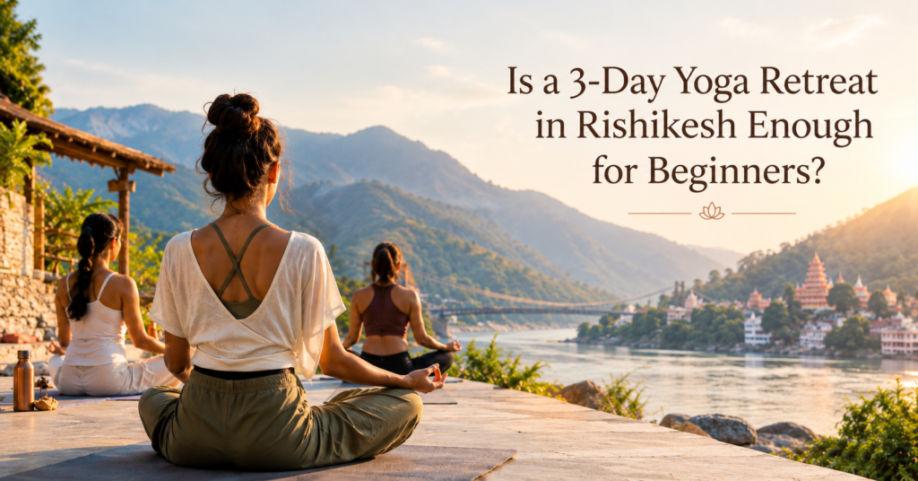 Women practicing meditation during a 3-day yoga retreat in Rishikesh beside the Ganges