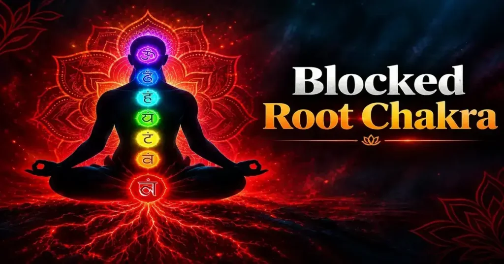 Blocked root chakra illustration featuring a meditating figure with seven glowing chakras, a red root chakra energy field