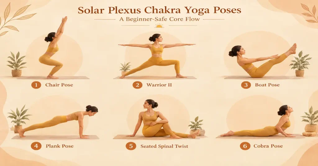 Solar plexus chakra yoga poses, including Chair Pose, Warrior II, Boat Pose, Plank Pose, Seated Spinal Twist, and Cobra Pose.