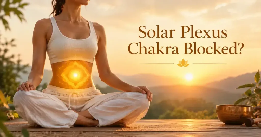 Solar plexus chakra blocked, illustrated by a meditating woman with a glowing golden light over her upper abdomen.