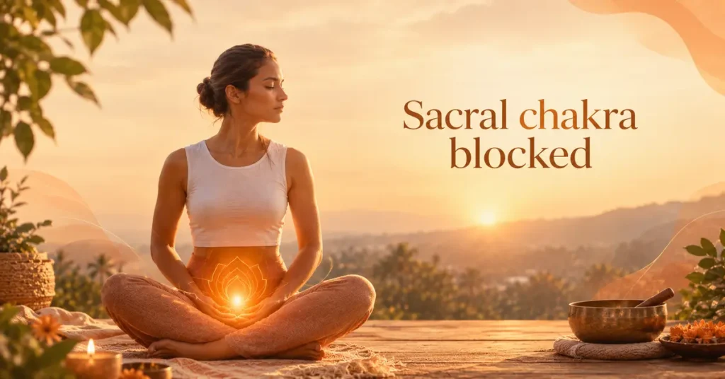 Woman meditating with an orange glow over her lower abdomen, illustrating a blocked sacral chakra.