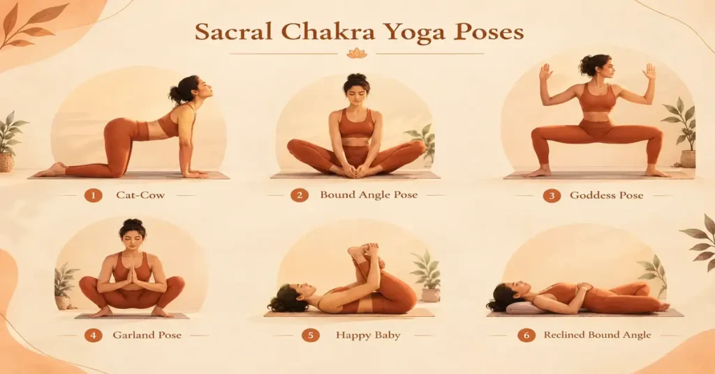 Six sacral chakra yoga poses, including Cat-Cow, Bound Angle, Goddess, Garland, Happy Baby, and Reclined Bound Angle, illustrated in warm earthy tones.