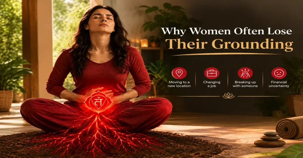 Woman meditating in red clothing with a glowing red root chakra and four icons representing moving to a new location, changing a job, breaking up with someone, and financial uncertainty.